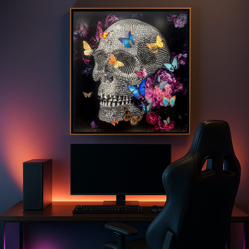 Tableau Crâne Diamanté avec Papillons Colorés - Art Gothique Moderne Encadré Or