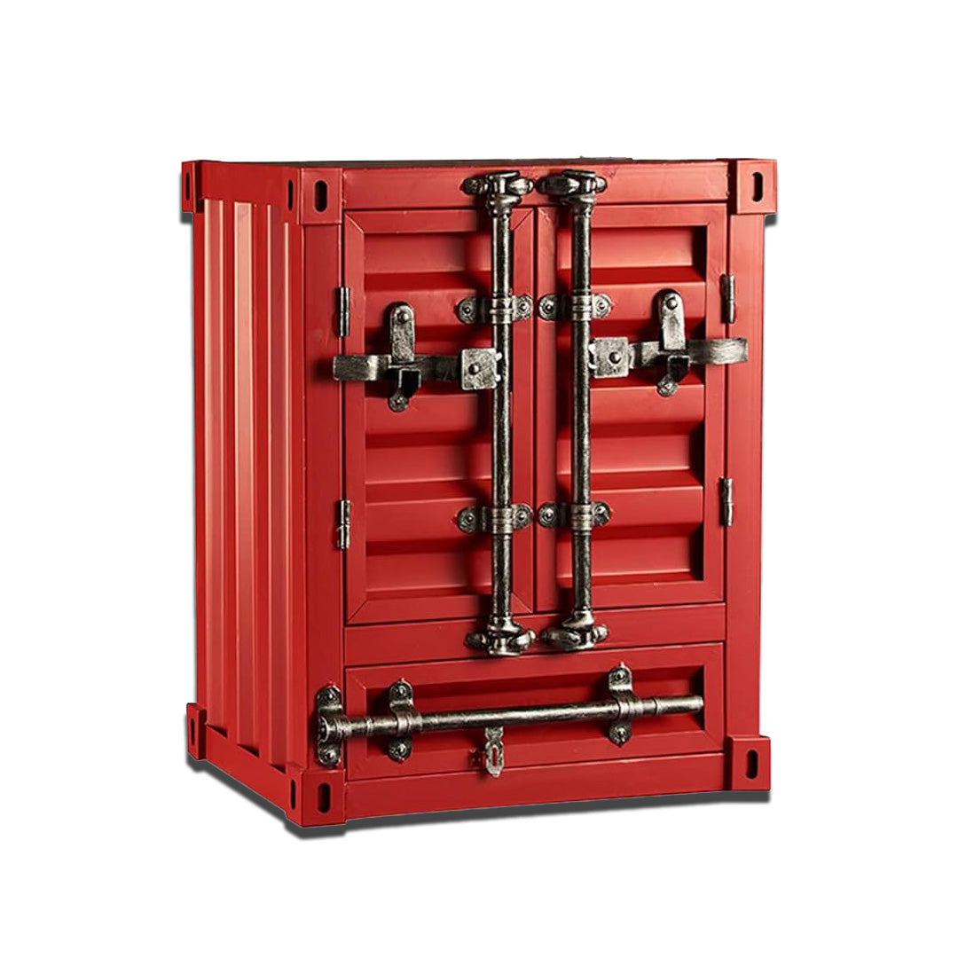 Table de Chevet Style Industriel Container Rouge - Meuble de Rangement avec Verrous Chromés