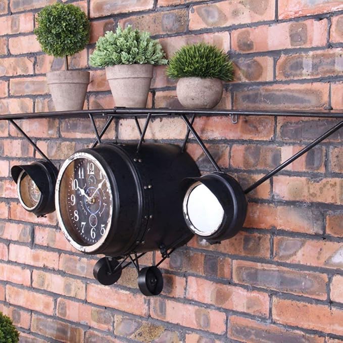 Étagère Murale Avion Vintage avec Horloge - Décoration Industrielle Style Rétro Aviation