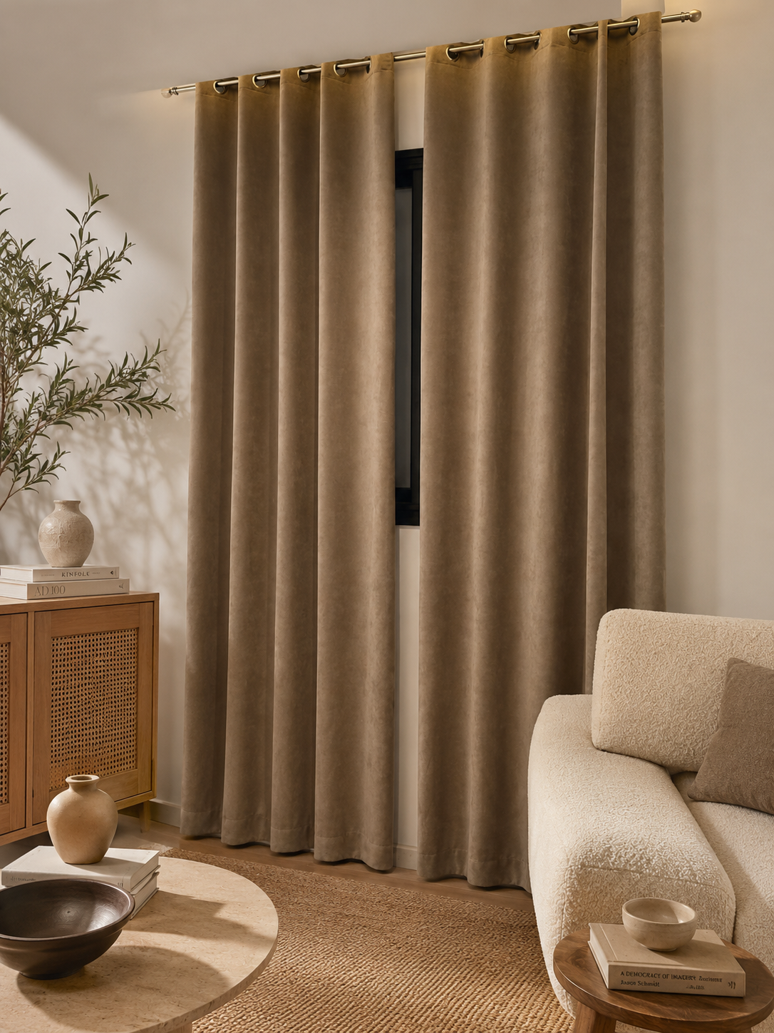 Rideaux Occultants Velours Beige Camel - Prêt à poser avec anneaux en acier argenté