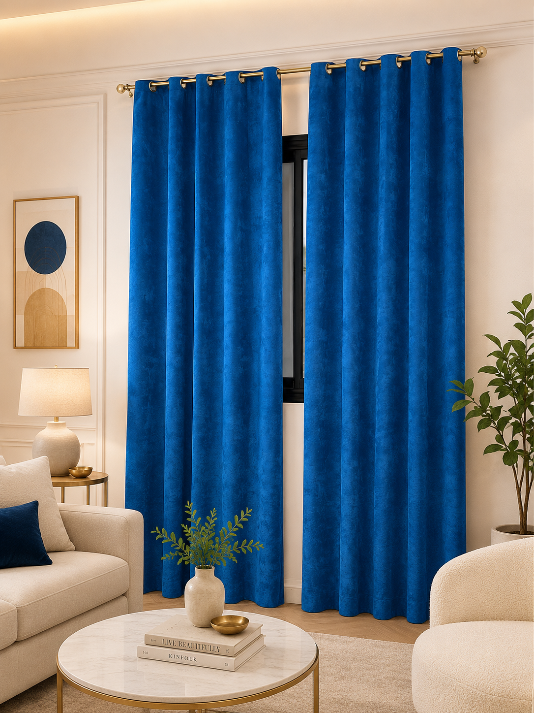 Rideaux en velours bleu royal – Prêt à poser avec anneaux en acier argenté