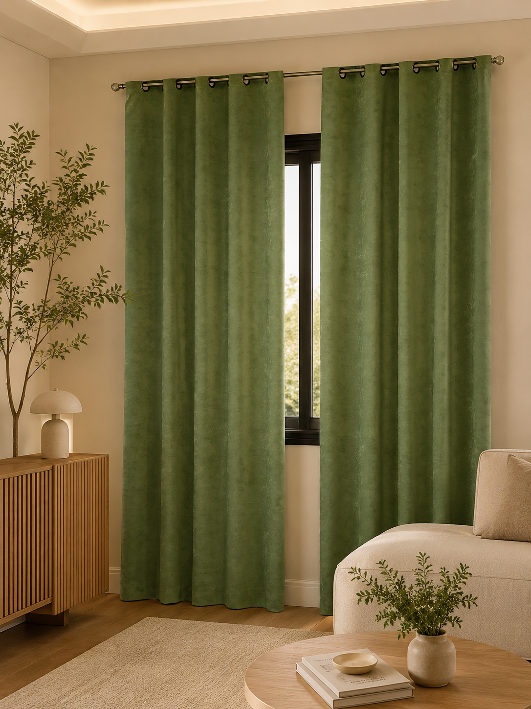 Rideaux en Velours Vert Olive - Prêt à poser avec des anneaux en acier bronze