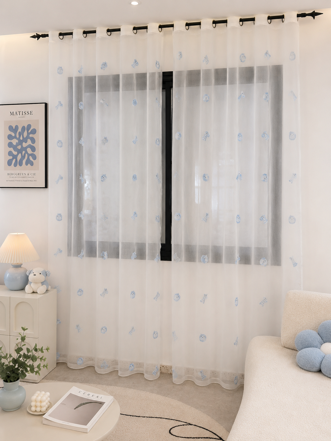 Voilage Transparent Motifs Oursons Bleus - Prêt à poser avec Anneaux Acier argenté