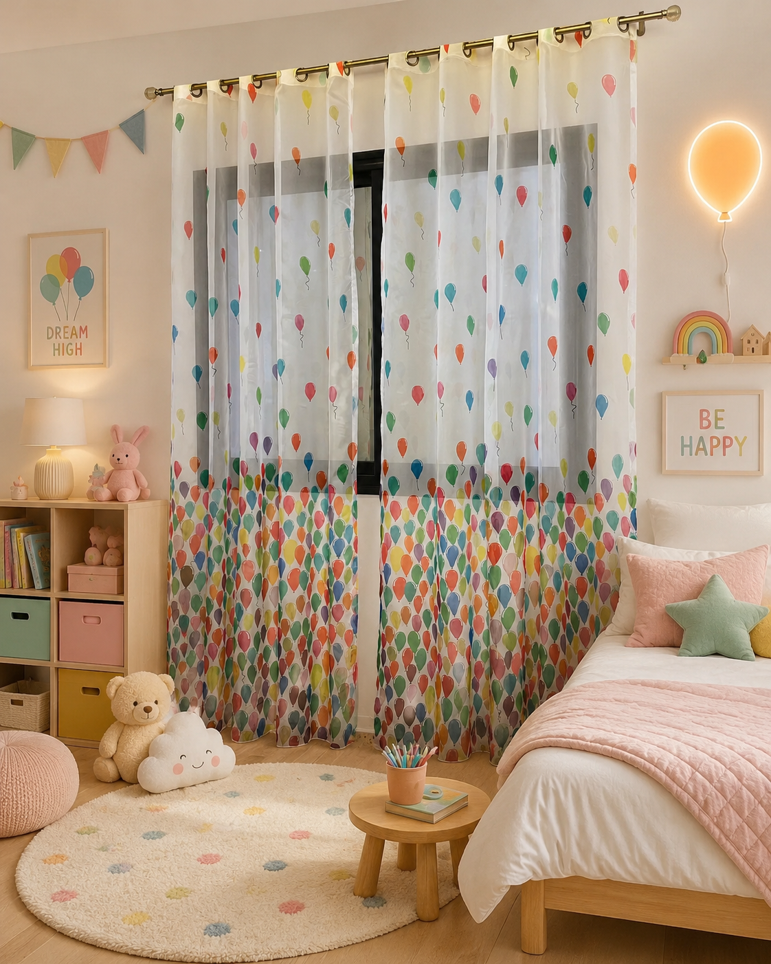Voilage Transparent Ballons Multicolores - Prêt à poser avec Anneaux Acier argenté