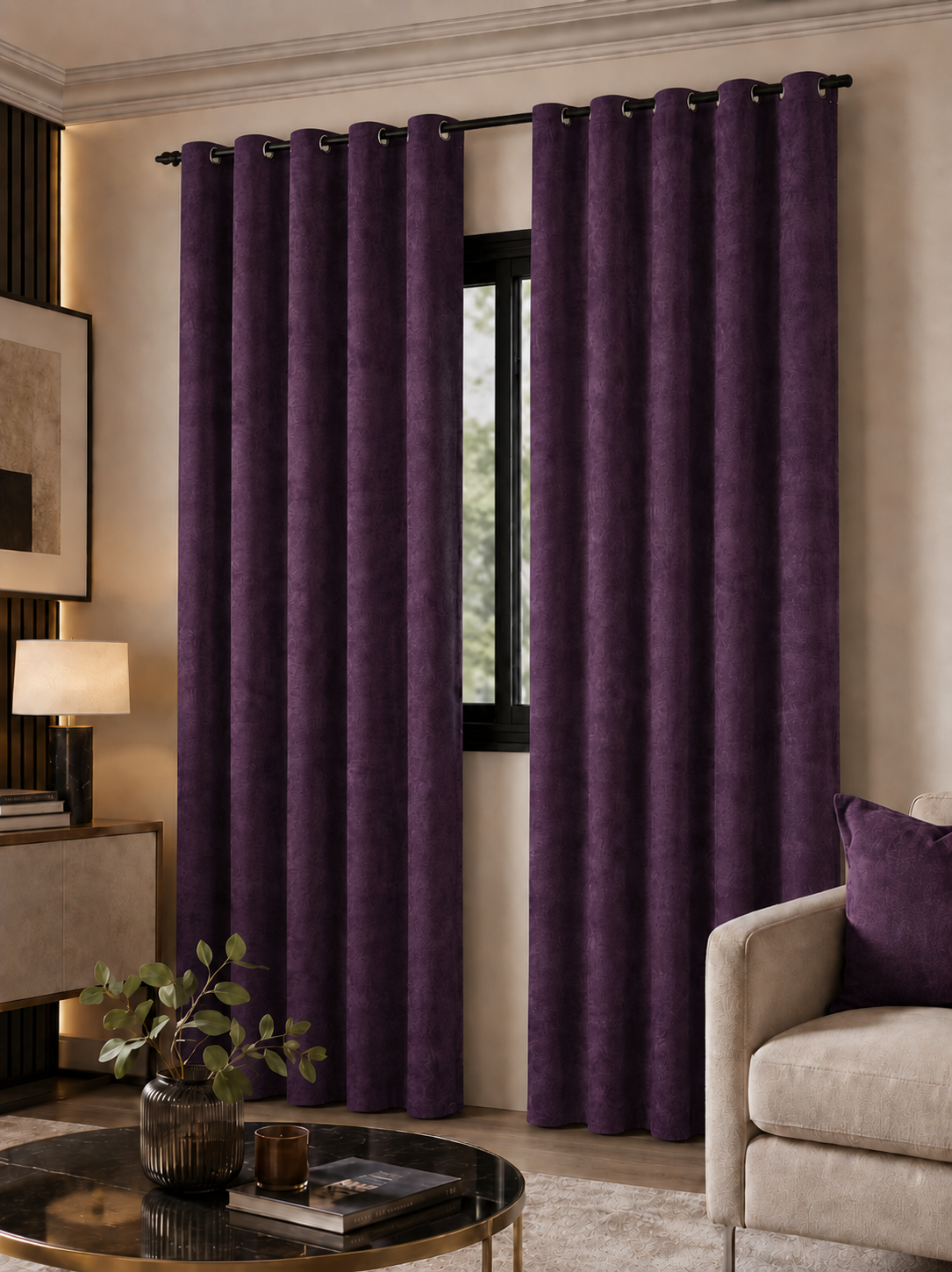 Rideaux Occultants Velours Violet Aubergine -Prêt à poser avec anneaux en acier argenté