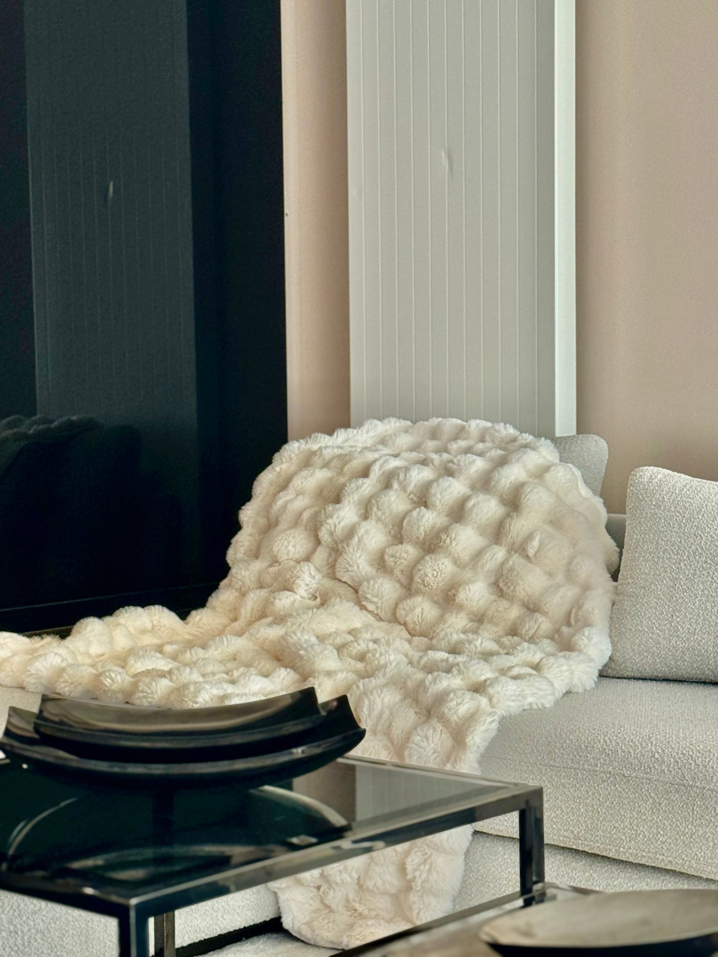 Plaid Fausse Fourrure Crème Luxueux - Couverture Ultra Pelucheuse Déco Premium