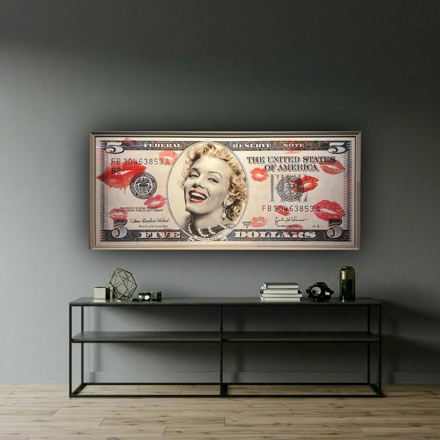 Tableau Décoratif Icone Glamour MArilyn Billet Dollars Affiche Murale luxueux Cadre Verre Cristaux Moderne salon chambre bureau Tunisie