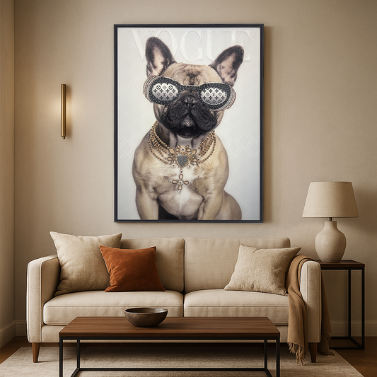 Tableau Décoratif bulldog fashionista Affiche Murale Cadre Verre Cristaux Moderne salon chambre bureau Tunisie