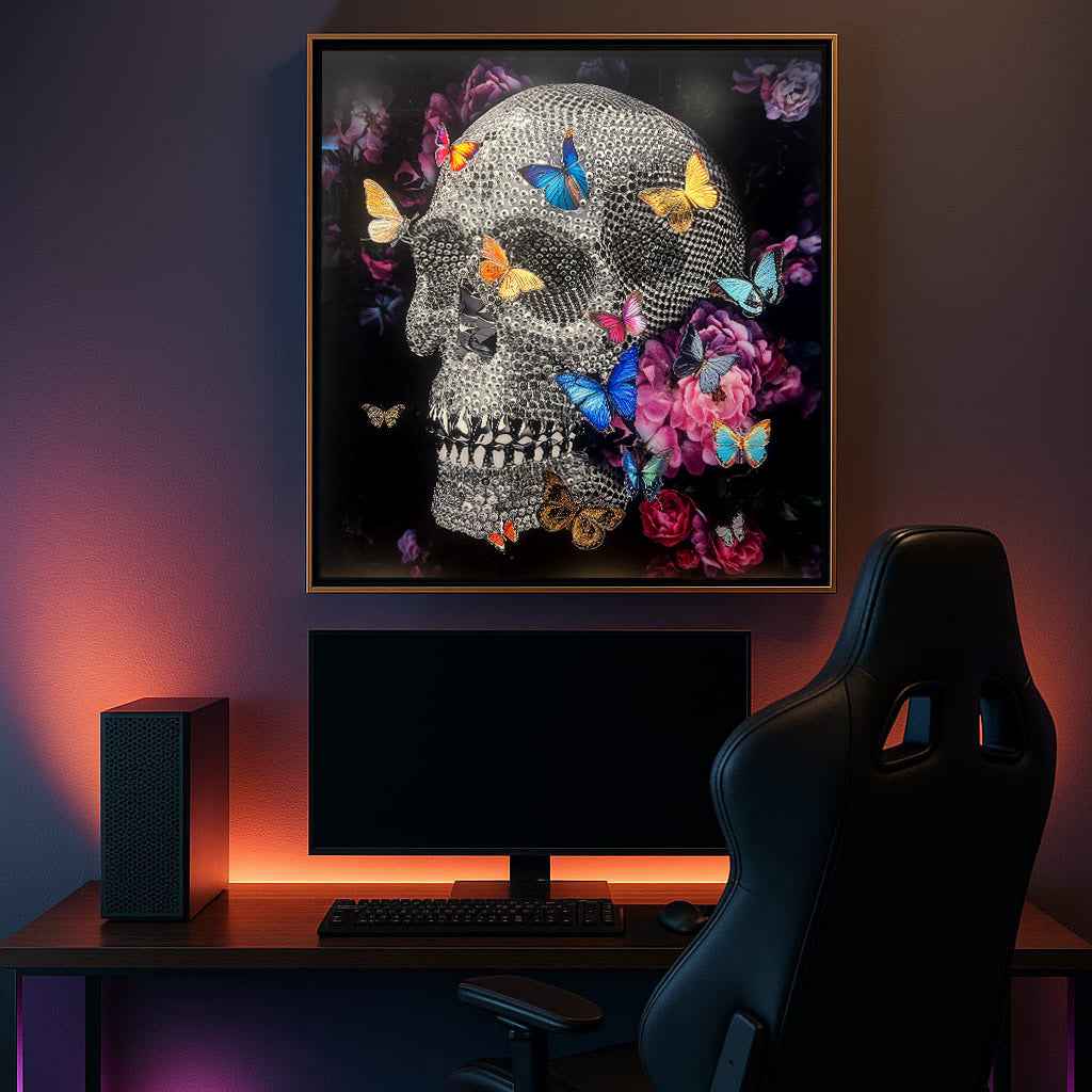 Tableau Crâne Diamanté avec Papillons Colorés - Art Gothique Moderne Encadré Or