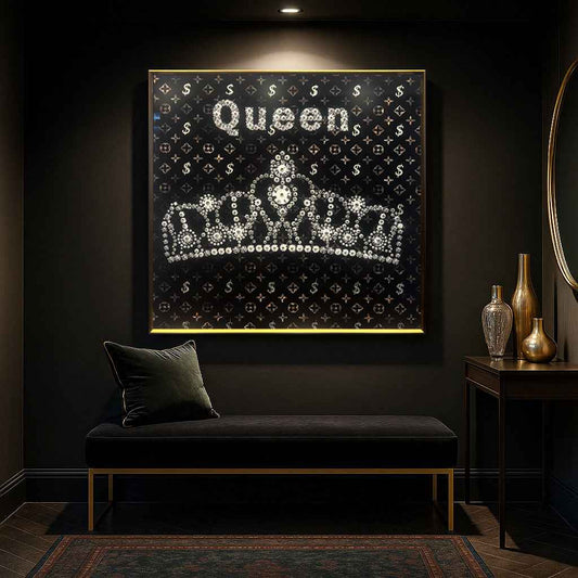 Tableau Luxe 'Queen' avec Couronne Diamantée - Toile Monogramme Noir et Or