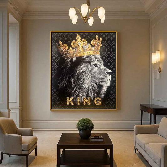 Tableau Majesté Royale: Le Lion Couronné | Art Contemporain Luxueux