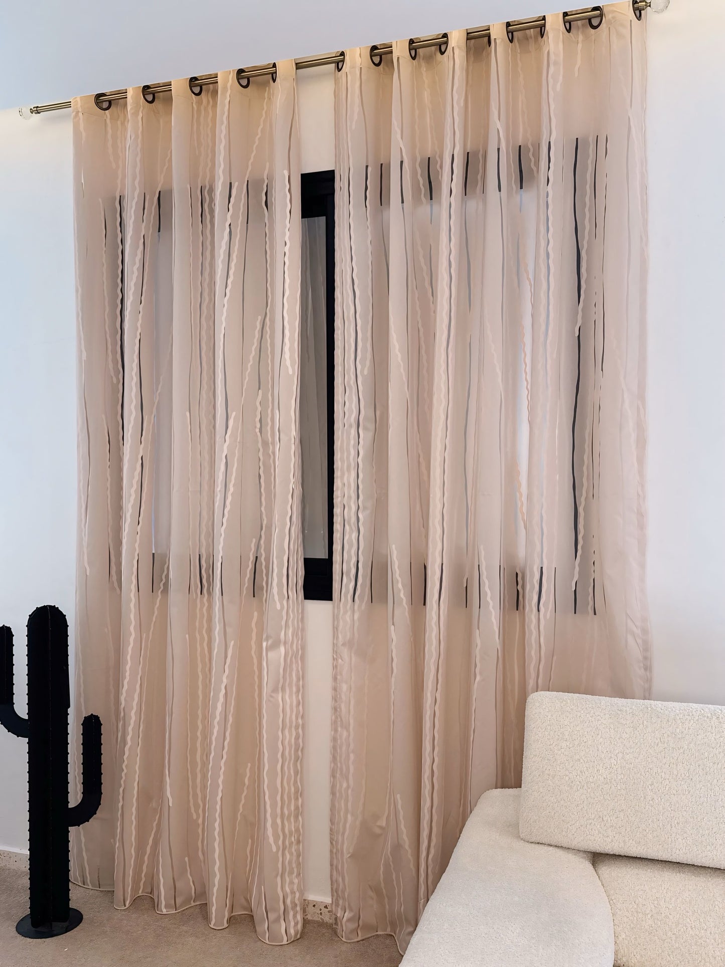 Voilage Organza Transparent Beige - Prêt à poser avec anneaux en acier Bronze