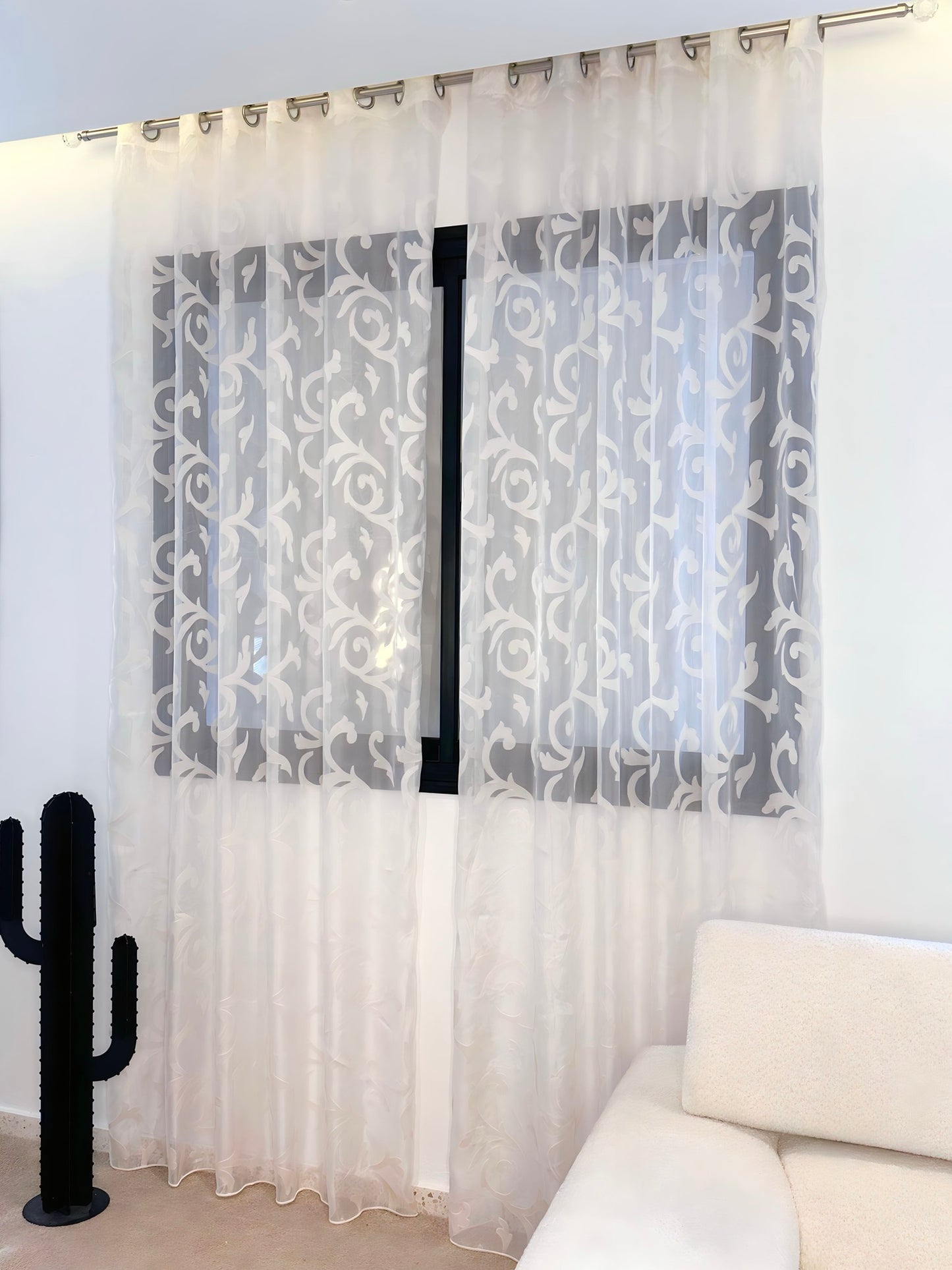 Voilage Transparent Blanc en Organza - Prêt à poser avec anneaux en acier argenté