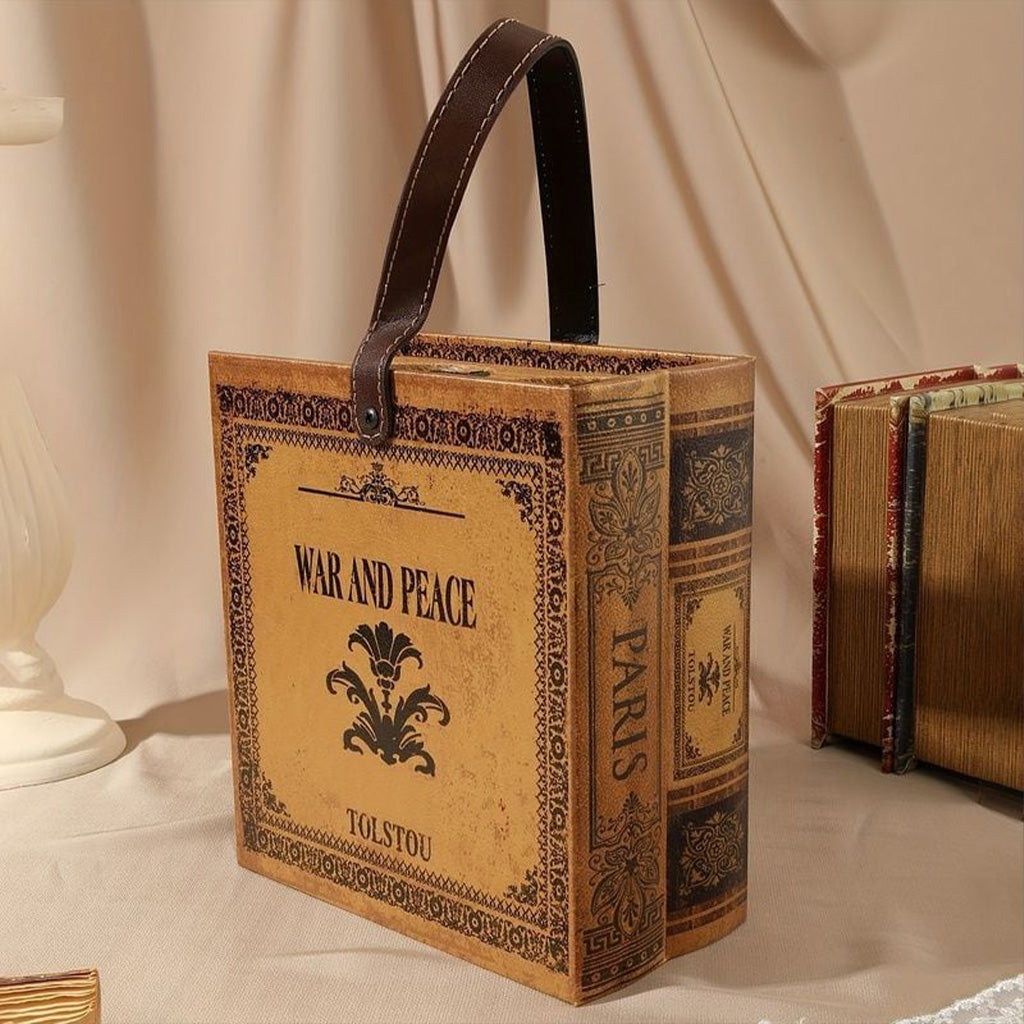 Panier Porte-Bouteilles Vintage "Tolstoï Paris" - 2 Bouteilles Style Livre Ancien avec Poignées Cuir