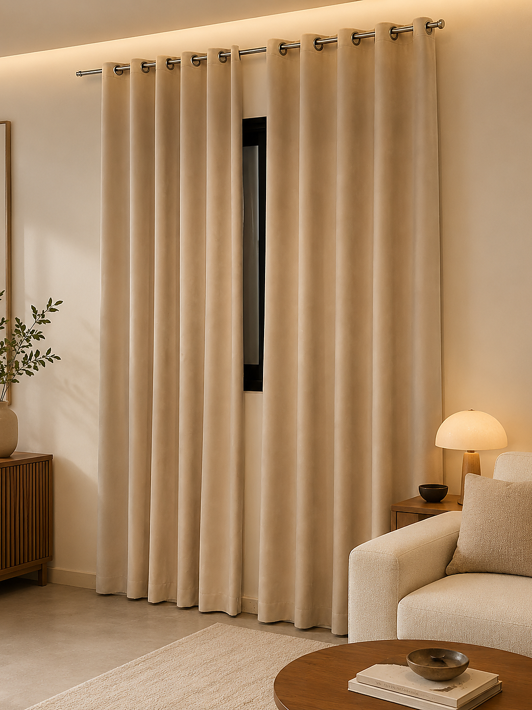 Rideaux Velours Beige – Prêt à poser avec anneaux en acier argenté
