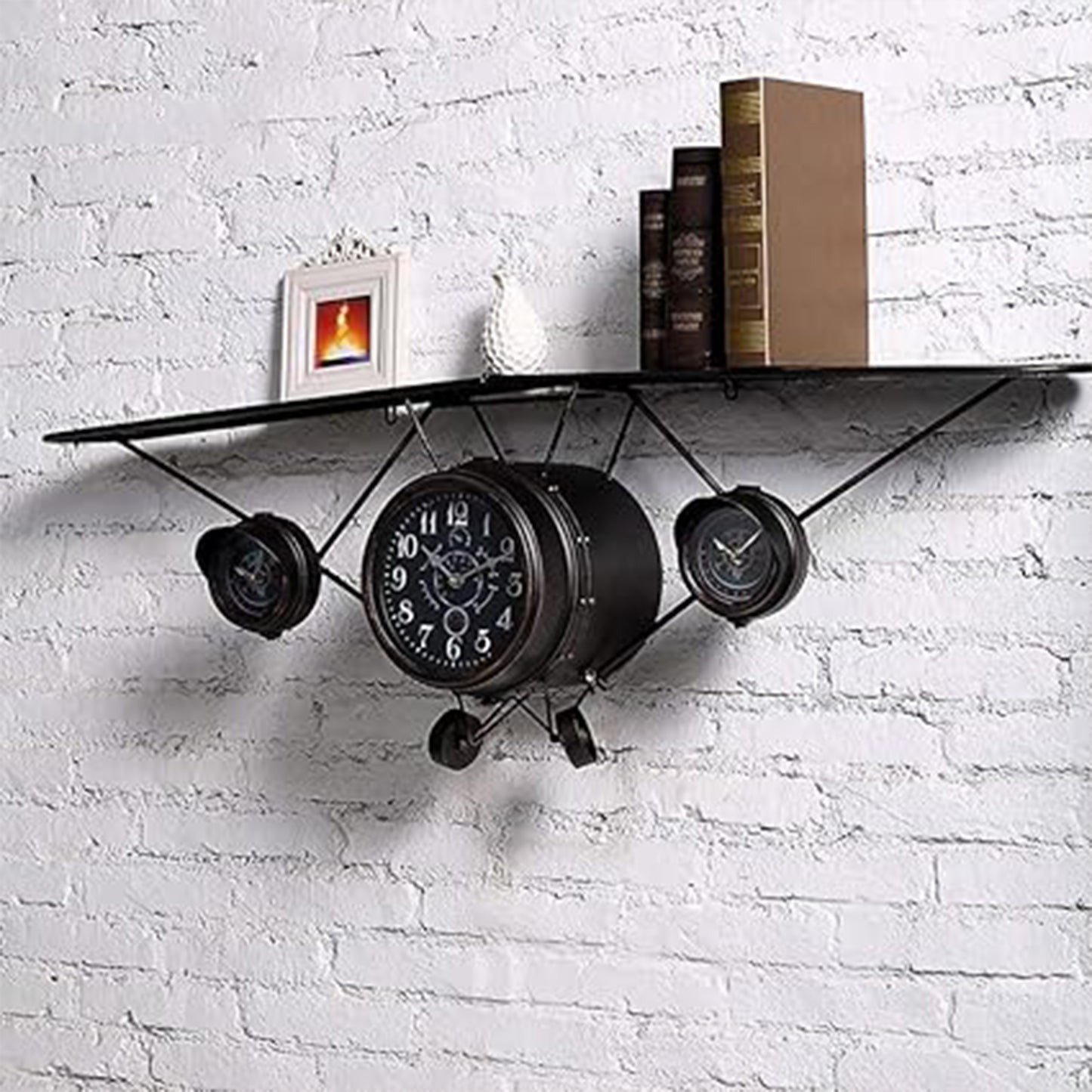 Étagère Murale Avion Vintage avec Horloge - Décoration Industrielle Style Rétro Aviation
