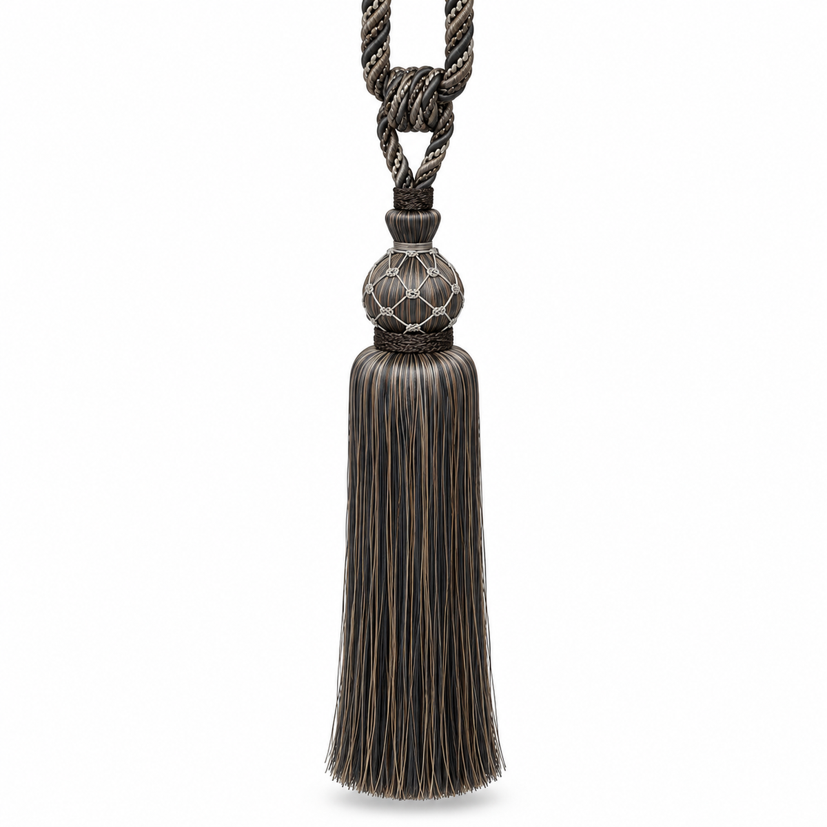 Embrasse rideau en soie gris foncé, tête boule à nœud macramé et franges soie