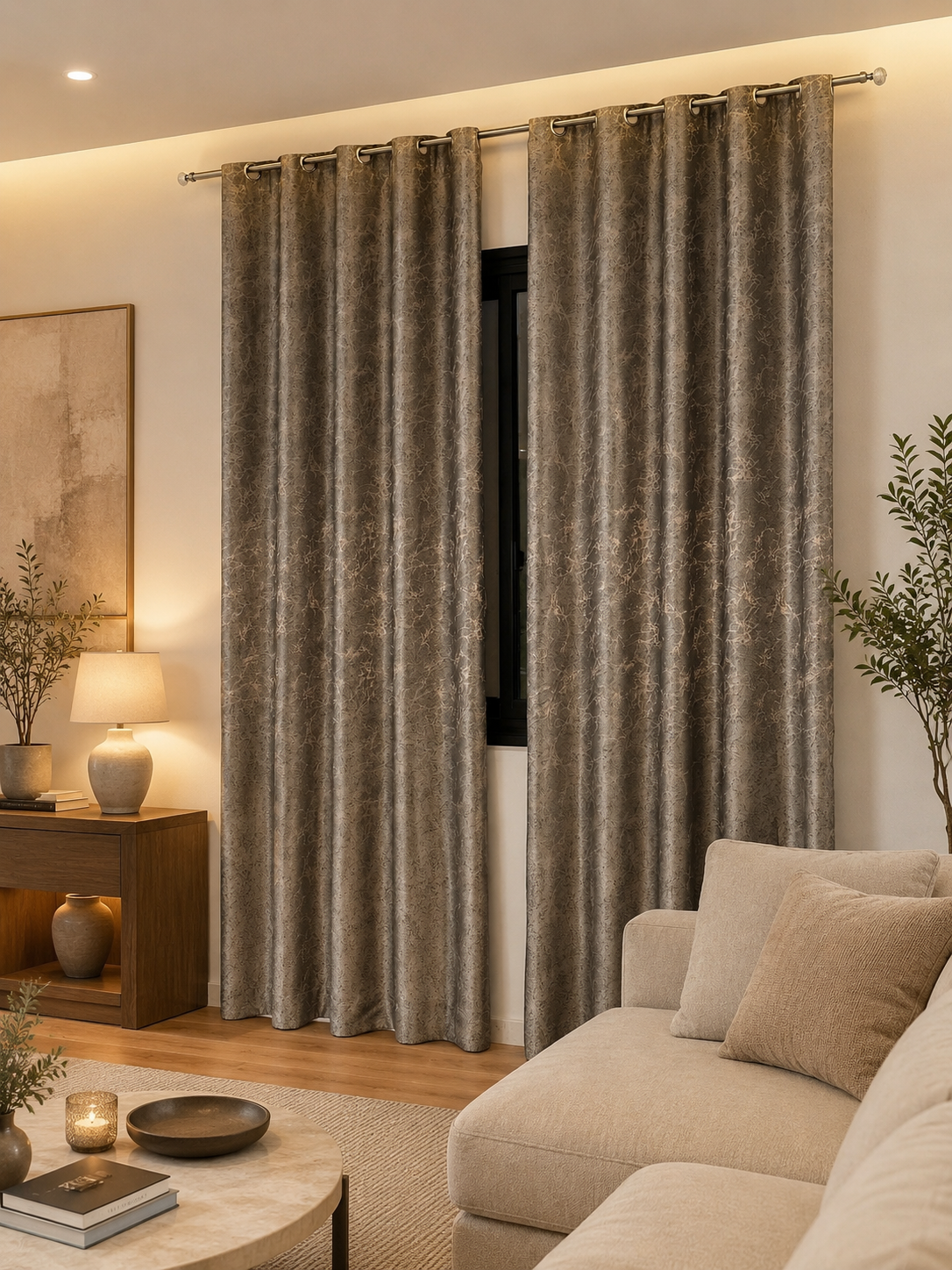 Rideau Prêt à Poser Tafta Gris Motif Orage Bronze anneaux Argents
