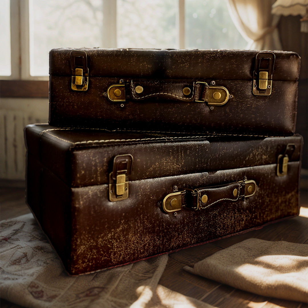 Lot de 2 Valises Vintage en Cuir Marron - Valises Anciennes Décoratives avec Sangles et Fermoirs Dorés