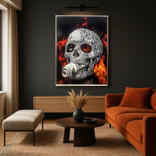 Tableau Vanité Contemporaine: Crâne de Cristal Enflammé