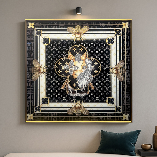Art Monogramme Équestre Luxe - Tableau Encadrée Or et Noir d'Inspiration Designer