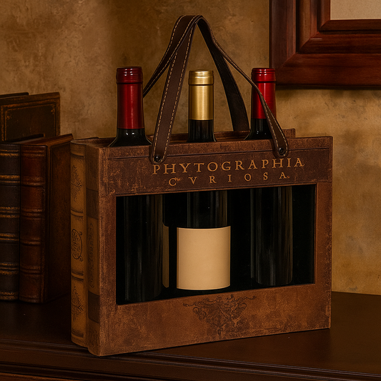Panier Porte-Bouteilles Vintage "Phytographia Cvriosa" - 3 Bouteilles Style Livre Ancien avec Poignées Cuir