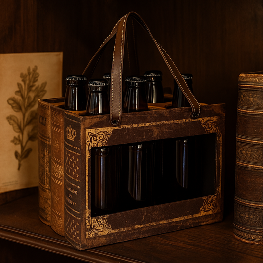 Panier Porte-Bouteilles Vintage Style Livre Ancien - 6 Bouteilles avec Poignées Cuir