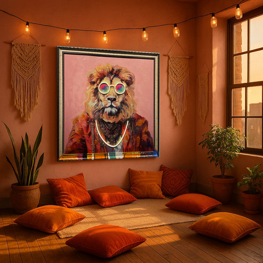 Tableau Lion stylé avec lunettes colorées - Art Mural LED - Décoration Moderne