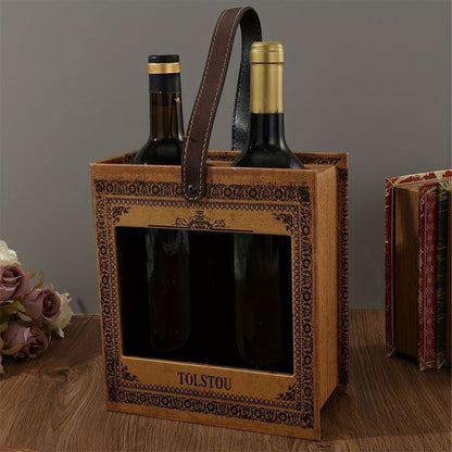Panier Porte-Bouteilles Vintage "Tolstoï Paris" - 2 Bouteilles Style Livre Ancien avec Poignées Cuir