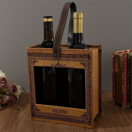 Panier Porte-Bouteilles Vintage "Tolstoï Paris" - 2 Bouteilles Style Livre Ancien avec Poignées Cuir