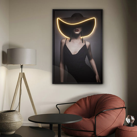 Tableau Femme au Chapeau - Œuvre d'Art Originale LED - Portrait Élégant Contemporain