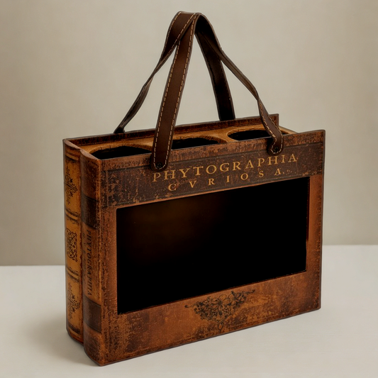 Panier Porte-Bouteilles Vintage "Phytographia Cvriosa" - 3 Bouteilles Style Livre Ancien avec Poignées Cuir