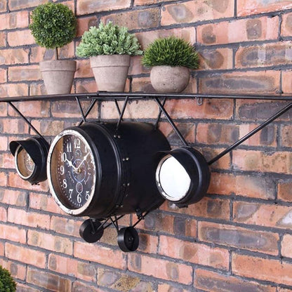 Étagère Murale Avion Vintage avec Horloge - Décoration Industrielle Style Rétro Aviation