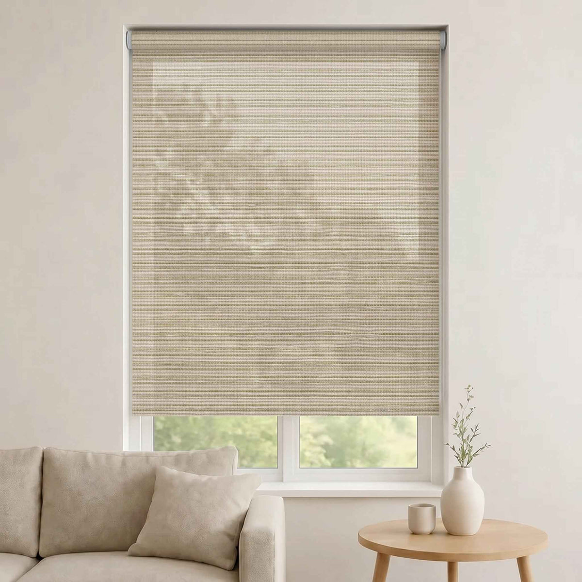 Store Screen Enrouleur Beige Lin Fines Rayures Vertes CL-HANOI-01 Sur Mesure