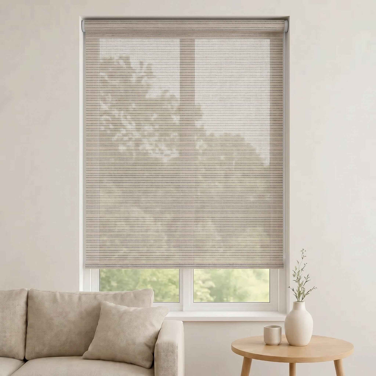 Store Screen Enrouleur Beige Lin Rayures Gris Bleu CL-HANOI-03 Sur Mesure