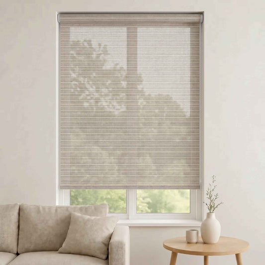 Store Screen Enrouleur Beige Lin Rayures Gris Bleu CL-HANOI-03 Sur Mesure