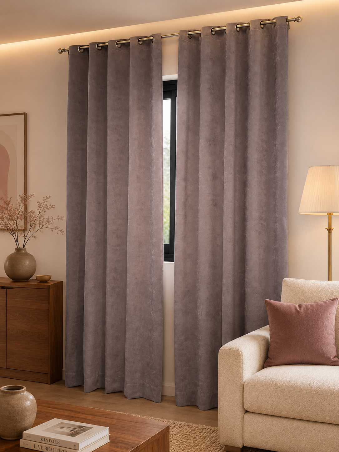 Rideaux Velours Mauve Clair Élégants – Prêt à poser avec anneaux en acier argenté