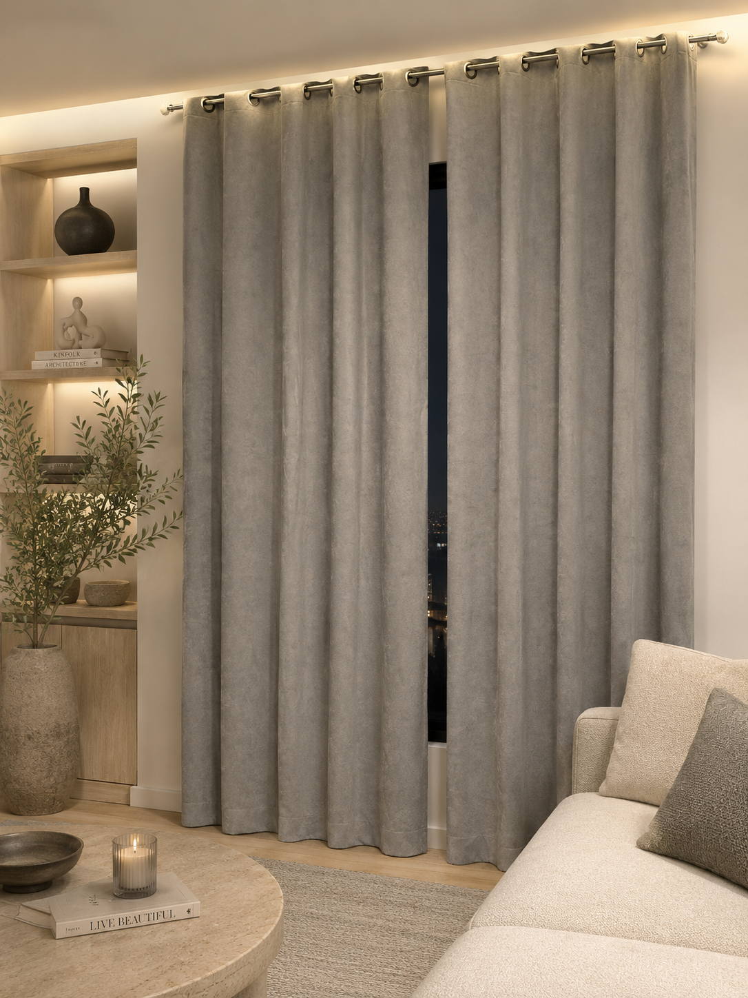 Rideaux Velours Gris –  Prêt à poser avec anneaux en acier argenté