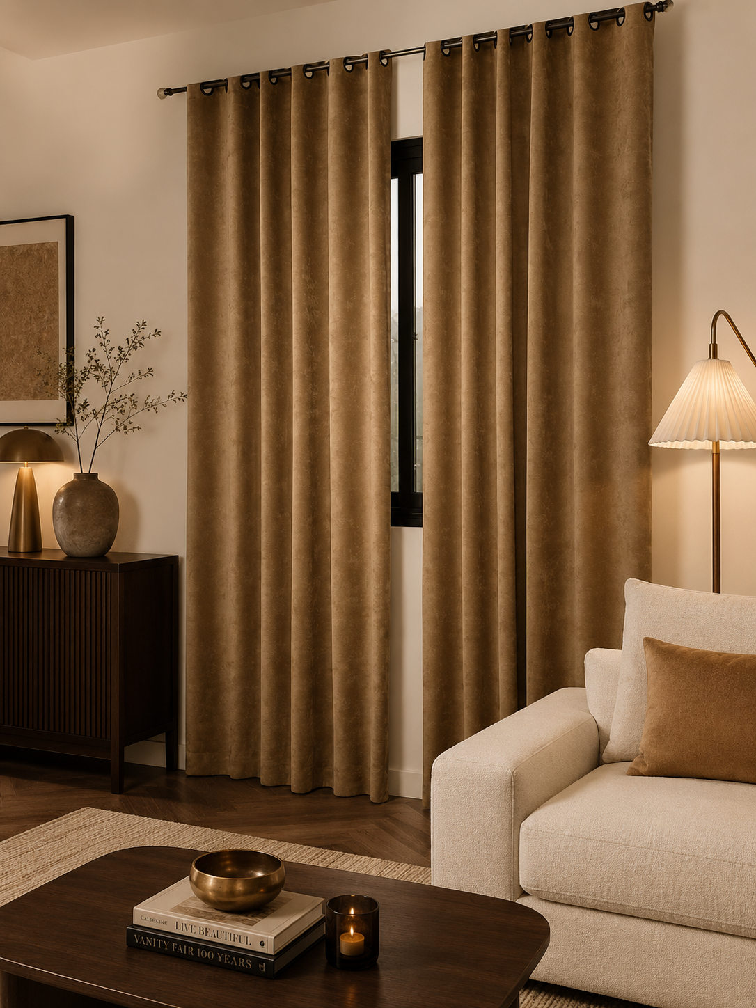 Rideaux Velours Beige Doré – Prêt à poser avec anneaux en acier  Noirs Élégants