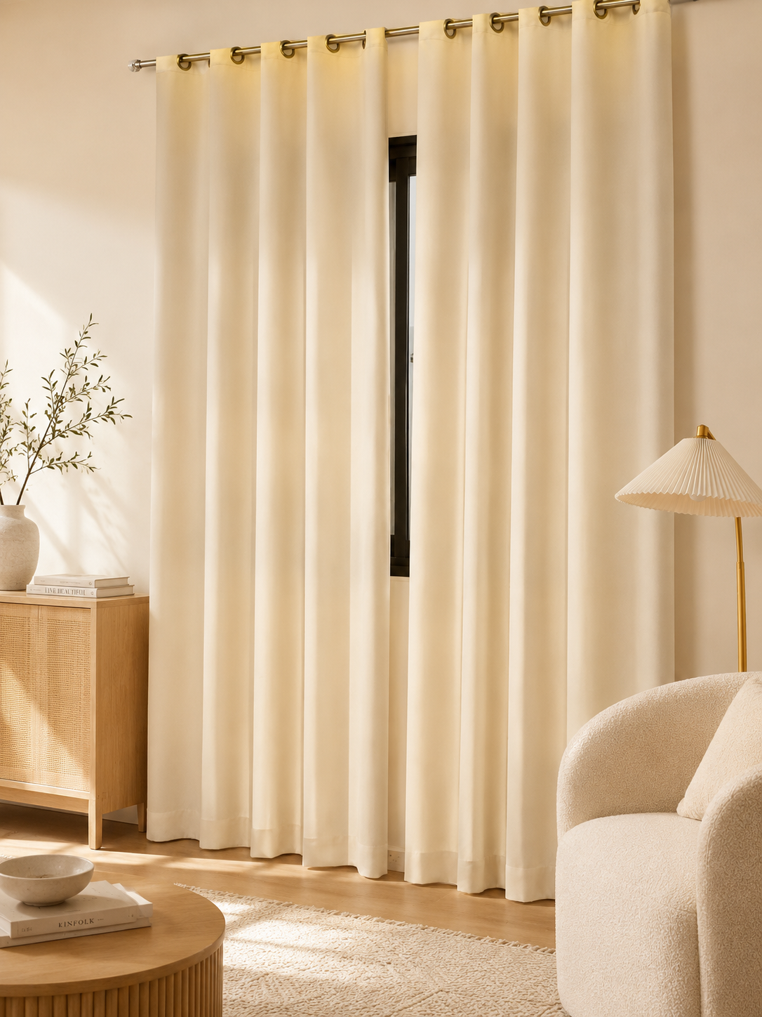 Rideaux Velours Beige Sable – Prêt à poser avec anneaux en acier argenté