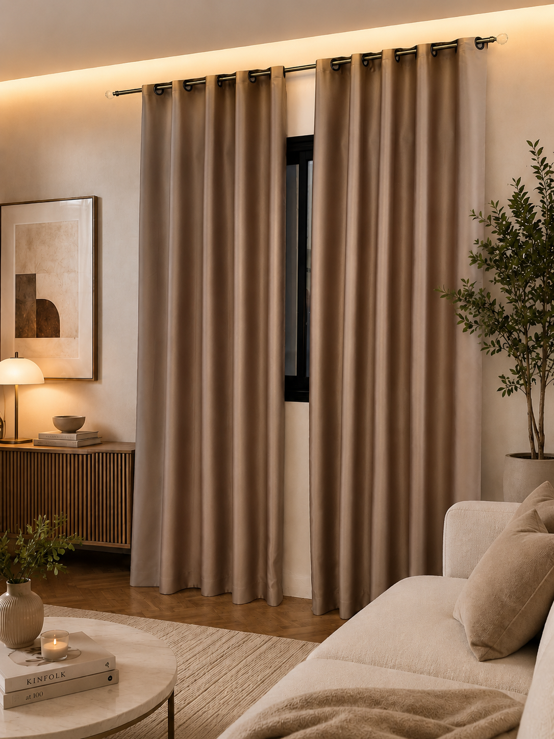 Rideaux Prêt à poser avec anneaux en acier Bronze Beige Camel à Œillets - Élégance et Performance
