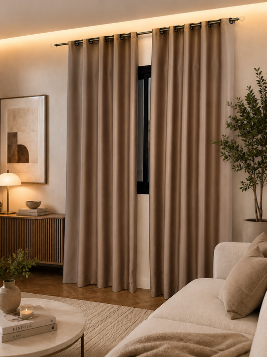Rideaux Prêt à poser avec anneaux en acier Bronze Beige Camel à Œillets - Élégance et Performance
