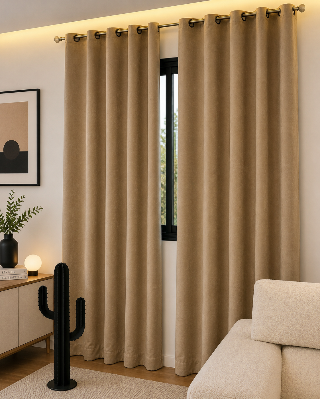 Rideaux Velours Caramel - Prêt à poser avec anneaux en acier Bronze