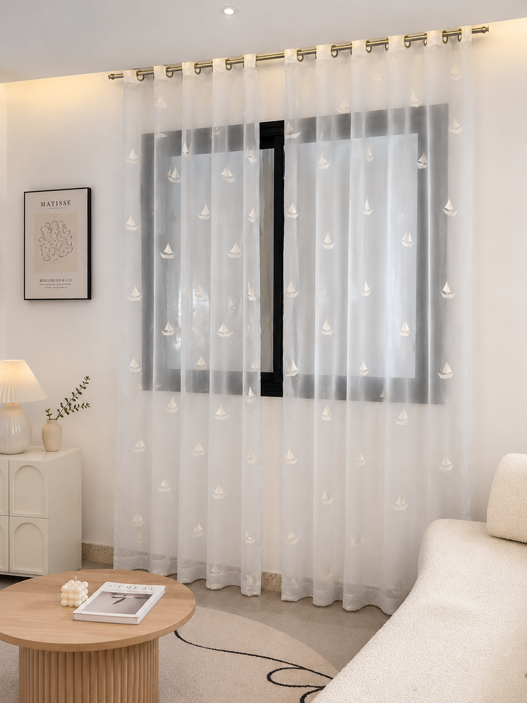 Voilage Transparent Motifs En Relief Voiliers Blancs - Prêt à poser avec Anneaux Acier argenté
