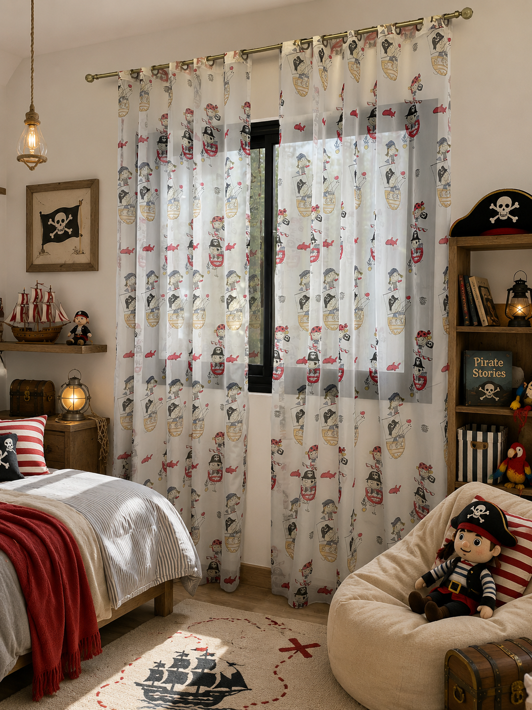Voilage Transparent Motifs Pirates Enfant - Prêt à poser avec Anneaux Acier argenté