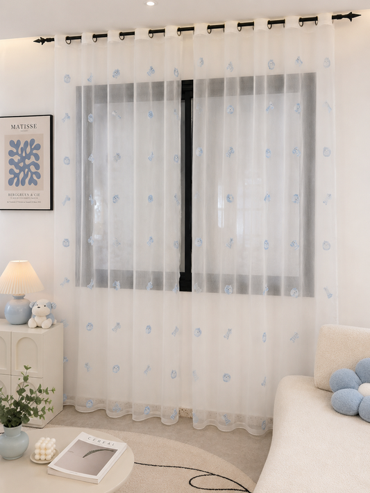 Voilage Transparent Motifs Oursons Bleus - Prêt à poser avec Anneaux Acier argenté
