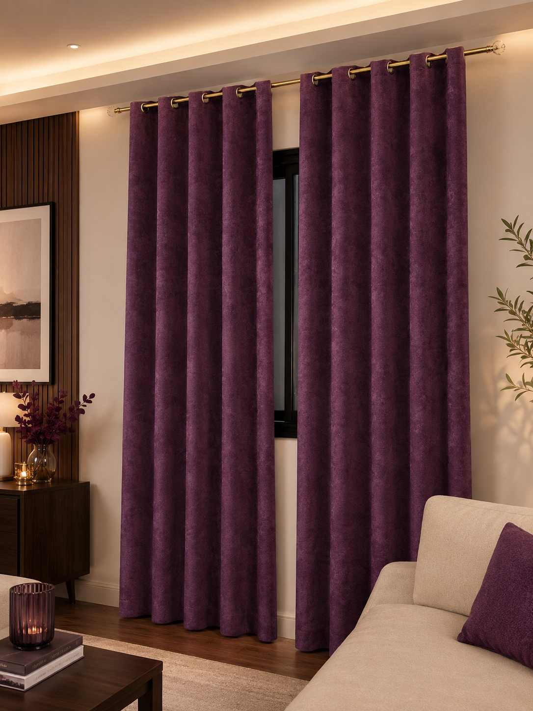 Rideaux Velours Violet Profond – Prêt à poser avec anneaux en acier argenté