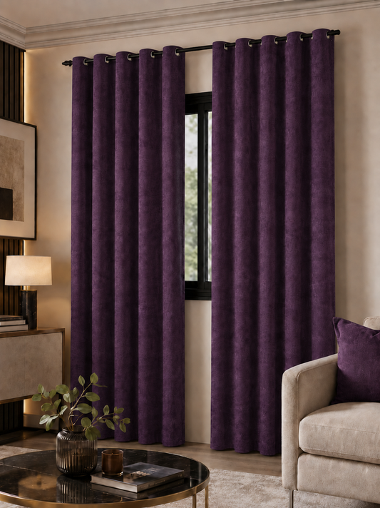 Rideaux Occultants Velours Violet Aubergine -Prêt à poser avec anneaux en acier argenté