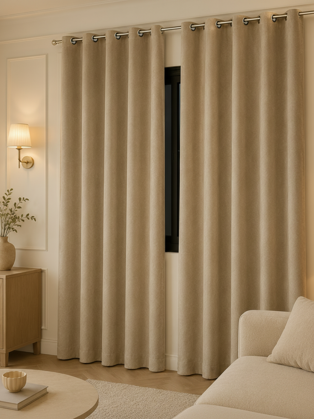 Rideaux Velours Beige – Prêt à poser avec anneaux en acier argenté