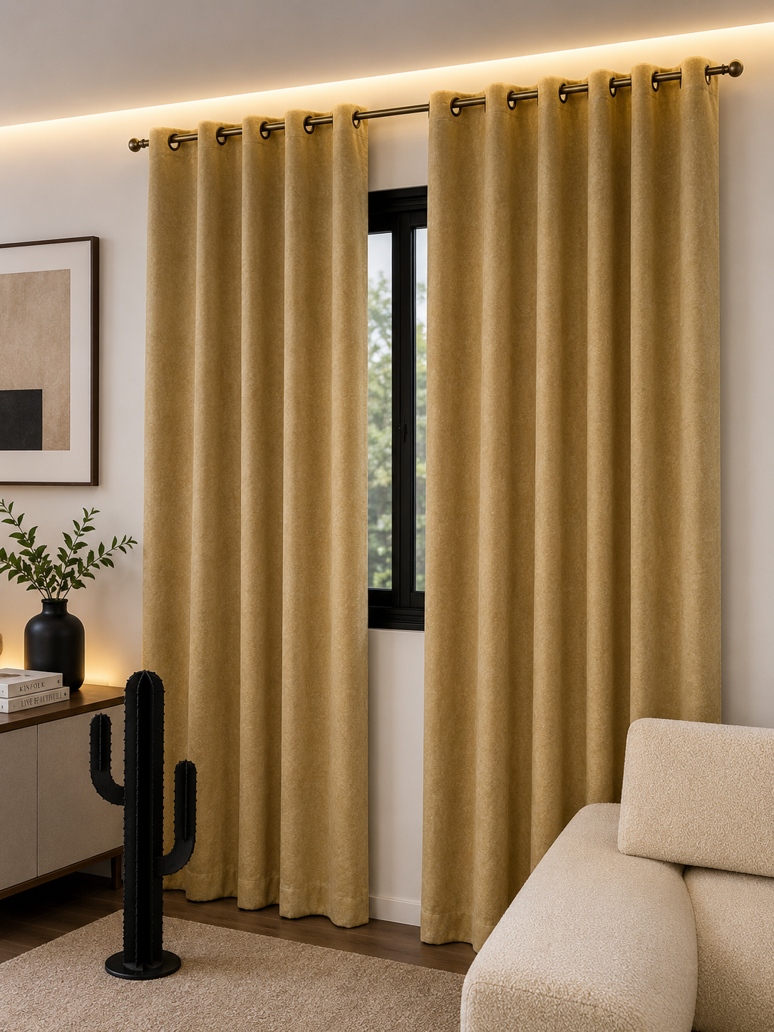 Rideaux Velours Beige Élégants – Prêt à poser avec anneaux en acier noir